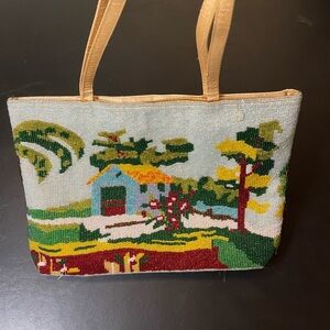 Vintage Micro Beaded Purse 12x8 Multi Color Village  Scene With Silk Backing